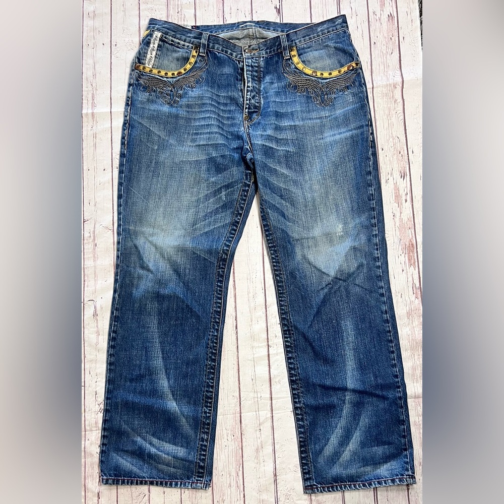 Mens Blue Denim PARISH Jeans Size 40 Gold Embroidered Design Wide Leg Pants Vint